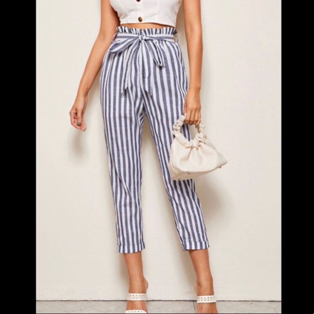 ZARA PAPERBAG COTTON PANTS WITH BELT NEW WITH TAGS BLUE XS